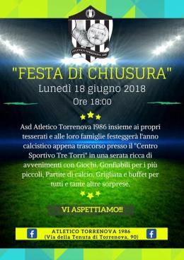 Stasera alle ore 18 la Festa di Chiusura dell'Atletico Torrenova
