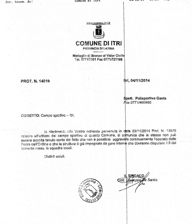 Questo il fax del Comune di Itri