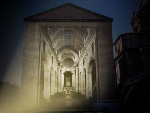 Gli interni di Sant'Adriano (prima della demolizione) proiettati sulla facciata della Curia.