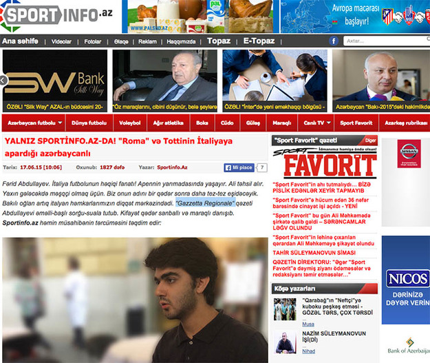 L'home page del sito sportinfo.az