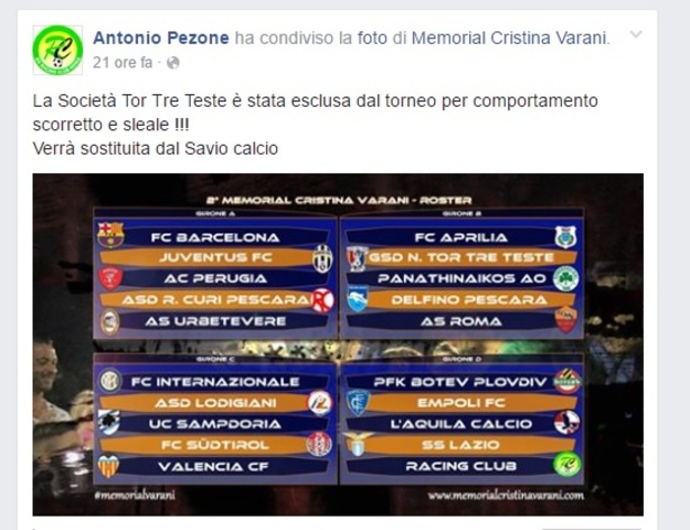 Il post di Antonio Pezone sul proprio profilo Facebook