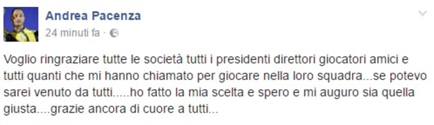 Il messaggio del giocatore su Facebook