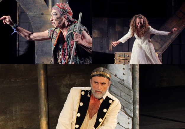 Dall&apos;alto a sinistra: Carla Cassola, Giulia Sanna e Massimo Venturiello in &quot;Antigone&quot;